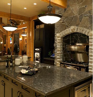 Cultured Stone Oven Wood Beam Ceiling Kitchen