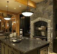 Cultured Stone Oven Wood Beam Ceiling Kitchen