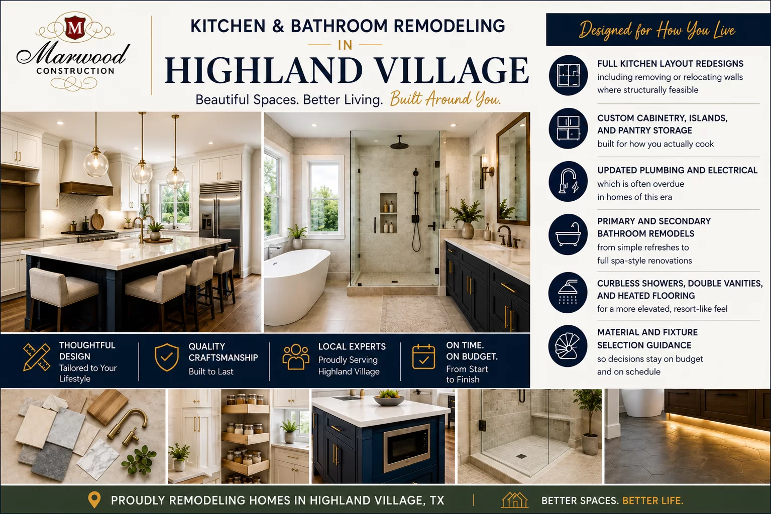 Promotional collage for Marwood Construction: Highland Village kitchen and bathroom remodeling, featuring a modern kitchen and spa-like bathroom.