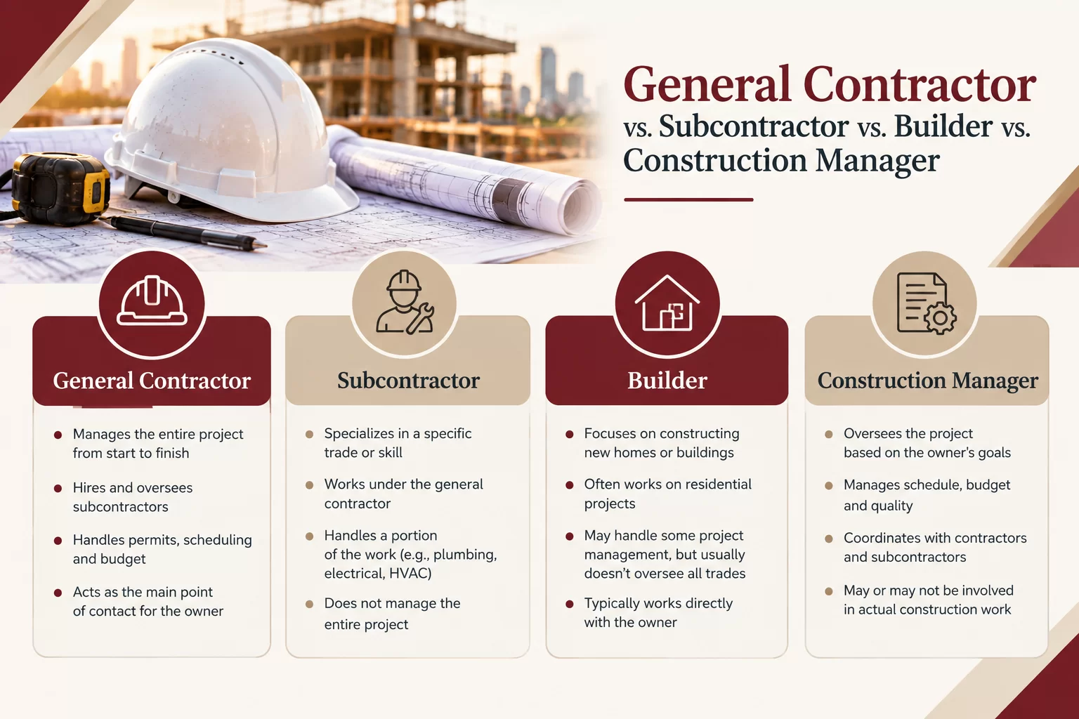 General Contractor vs. Subcontractor vs. Builder vs. Construction Manager